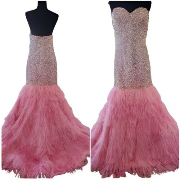 Couture Luxurious Ostrich Feathers Designer Embroidery Evening Prom Gown Dress - Picture 14 of 16